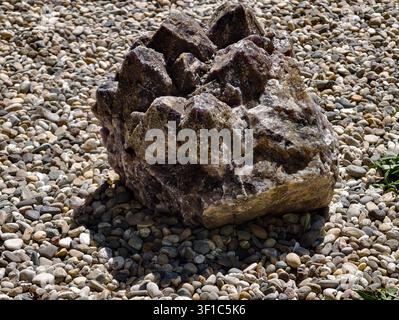 Germany 2026 Weathered brown and gray boulder with rough surface lies on dense bed of smooth river pebbles, with scattered small stones around it and Stock Photo