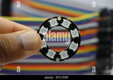 LED ring with individually addressable LEDs held in the hand. WS2812B circular board light Stock Photo
