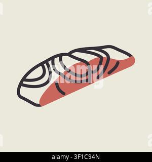 Minimalistic flat vector icon of a fresh salmon fillet, ideal for seafood recipes, diet blogs, or sushi restaurant menus. Stock Vector