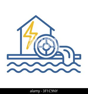 Minimalist outline icon of a small hydroelectric power station with a water turbine and a house suitable for eco energy and sustainable technology des Stock Vector