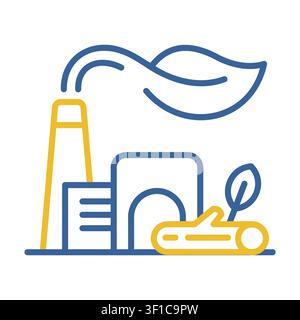 Minimalist outline factory icon with leaves and wood suitable for renewable biomass energy and sustainable industry design Stock Vector