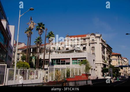 street scene with Mediterranean architecture and tropical plants and palm trees on a street in Nice Stock Photo