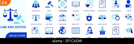 law and justice solid icon set featuring legal services, human rights, court system, judiciary, law enforcement, legal protection, and other Stock Vector
