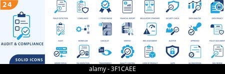 audit and compliance solid icons collection featuring fraud detection, compliance, certified badge, financial report, regulatory standard, security ch Stock Vector