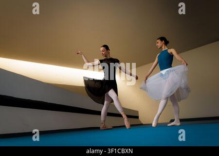 Two ballerinas practicing graceful ballet poses en pointe in flowing skirts and tutus under soft architectural light Stock Photo