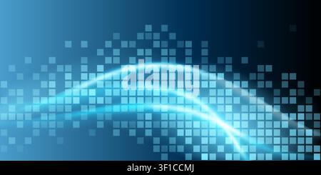 Abstract digital background with glowing blue wave lines over a dark grid tile pattern, suggesting technology and data flow. Stock Vector