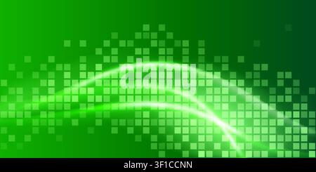 Vibrant green abstract background featuring a glowing, flowing wave pattern composed of digital square tiles and light streaks. Stock Vector