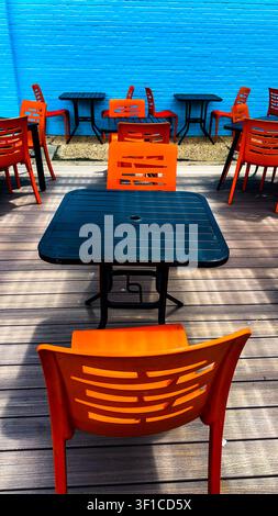 Empty restaurant patio dining area. Stock Photo