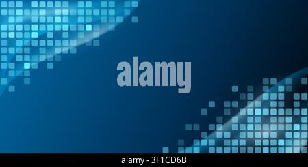 Abstract digital background with glowing blue pixel grid patterns on dark navy backdrop, creating a modern tech feel. Stock Vector