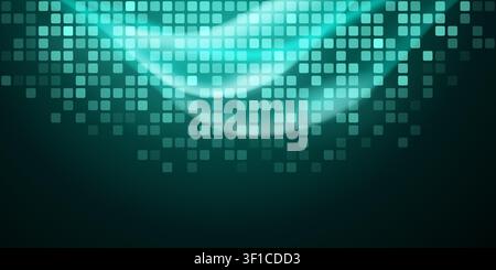 Abstract digital background with glowing turquoise wave pattern over a dark grid of square tiles. Stock Vector