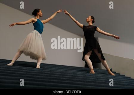 Two ballet dancers performing a graceful pas de deux on a modern staircase, pointe shoes and tutus creating elegant lines and poised movement in a Stock Photo