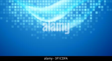 Vibrant blue abstract background featuring a glowing, flowing wave pattern over a subtle digital tile grid texture. Stock Vector