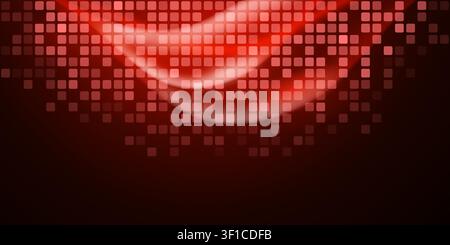 Abstract red digital background with glowing wave pattern and receding square tile grid effect on dark backdrop. Stock Vector
