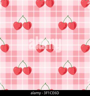 Cherry Seamless Pattern Vector Illustration. Cute Red Cherries on Pink Plaid Background. Sweet Fruit Repeat Print for Textile Packaging and Girly Stock Vector