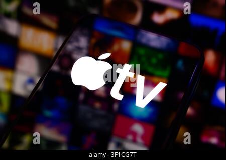 Paris, France - July 12, 2026: The Apple TV logo displayed on a smartphone screen. Stock Photo