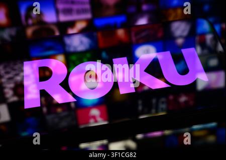 Paris, France - July 12, 2026: The purple Roku logo displayed on a mobile device. Stock Photo