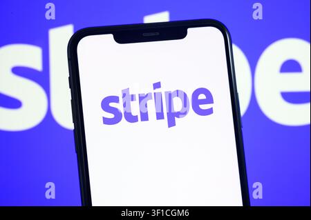 Paris, France - July 12, 2026: The purple Stripe online payment processing logo displayed on a smartphone. Stock Photo