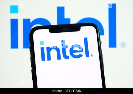 Paris, France - July 12, 2026: The Intel semiconductor company logo displayed on a smartphone screen. Stock Photo