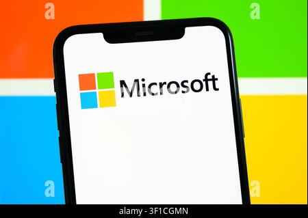 Paris, France - July 12, 2026: The Microsoft name and logo displayed on a smartphone screen. Stock Photo