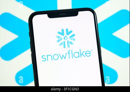 Paris, France - July 12, 2026: The blue Snowflake data cloud company logo displayed on a smartphone. Stock Photo