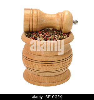Different types of pepper in wooden pot and mill isolated on white background Stock Photo