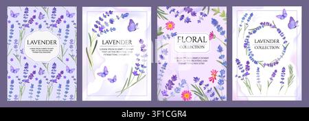 Lavender flowers. Watercolor floral frame, delicate provence pattern for postcard or violet border. Rustic card. Posters design with copy space for congratulation text. Vector illustration template Stock Vector