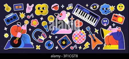 Music stickers. Retro concert doodle characters, graphic cool rock party or groovy record fest. Vintage Y2K hippy. Pop culture, entertainment performance and creative sound vector isolated cartoon set Stock Vector