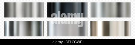 Metal gradient. Silver chrome background, grey or steel glossy shine palette with foil button effect. Hologram border. Geometric abstract shapes with smooth materials. Vector print design collection Stock Vector