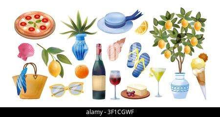 Summer vacation objects set. Watercolor food, cold drinks, citrus beach accessories and decor element for design, leisure travel, Mediterranean lifestyle and seasonal relaxation. Vector illustration Stock Vector