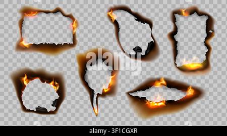Fire paper. Burn flame frame, square ripped effect or realistic rectangle hole. Ablaze burnt shape, old page, torn shapes, destroyed grunge retro texture. Vector isolated on transparent background set Stock Vector