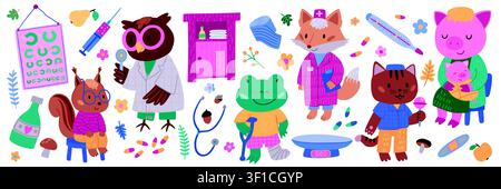 Animal doctor. Cute pediatric hospital bear, pediatrician medical sick kid. Dentist health, physician care. Veterinary healthcare characters with clinic tools. Vector cartoon flat style isolated set Stock Vector