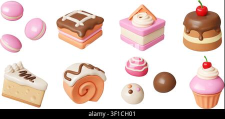 3d cake icons. Red cherry party candy, birthday or valentine sweet cupcake, happy muffin gift. Realistic dessert render. Confectionery assortment, bakery vector cute cartoon isolated illustration Stock Vector