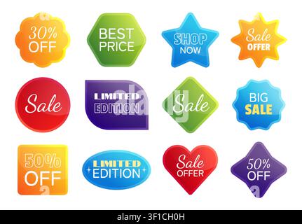 Sale label. New price tag, discount sticker or promotion banner with red button. Advertising design sign, shopping marketing announcements, badges special offer, limited edition vector icons set Stock Vector