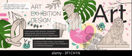 Art exhibition poster design. Modern graphic template with line art sculptures, lion statue, hands, tropical leaves, abstract shapes text blocks for creative event promotion horizontal vector banner Stock Vector