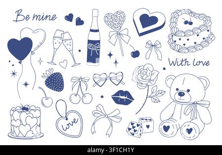 Coquette valentine day. Cherry or strawberry cake, heart and teddy bear in bow, blue lollipops, love celebration, cute decorative design elements. Hand drawn line gifts. Vector monochrome template Stock Vector