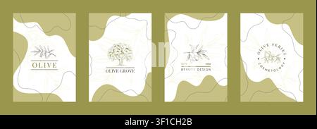 Olive logo card set. Minimal botanical branding templates with olive branches, tree emblem and abstract shapes for natural cosmetics and organic product identity design. Vector cards and posters set Stock Vector