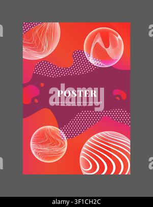 Abstract poster template. Colorful gradient background with flowing shapes and dotted textures, 3D spheres with copy space for modern promotional and graphic design backdrop. Vector illustration Stock Vector