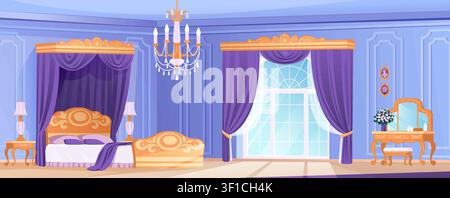 Princess bedroom. Antique game mansion room, royal vintage furniture for victorian king house. Luxury interior with bed, canopy curtains, chandelier, large window and dressing table. Vector background Stock Vector