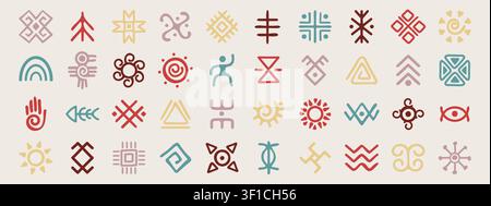 African symbols. Tribal ethnic logo, tribe or Aztec pattern art. Ancient southwest abstract sign, simple geometric style. Decorative motifs for pattern, logotype or emblem. Vector isolated minimal set Stock Vector