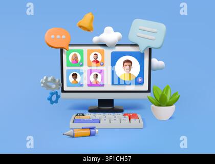 3d video chat. People work in zoom, online remote learning app or web team call conference on monitor. Virtual screen user profiles, chat bubbles and notifications. Vector render isolated illustration Stock Vector