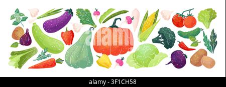 Vegetable icons. Potato carrot, broccoli and onion for nutrition supermarket. Spinach and pumpkin tomato composition. Natural cooking ingredients drawn watercolor elements vector isolated illustration Stock Vector