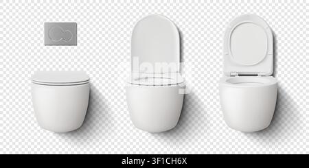 3d toilet. Wc seat bowl, open and closed sanitary lid installation. Realistic public bathroom mockup, clean and transparent. Bath interior object, lavatory room, vector isolated render illustration Stock Vector