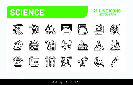 Lab icons. Medical science research, dna line beaker or laboratory microscope tube. Chemistry scientific flask. Chemistry, biology, physics and astronomy for interface vector minimalistic outline set Stock Vector