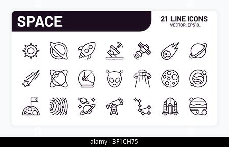 Planet icons. Spaceship and space rocket galaxy with moon ship. Line astronaut universe and earth, star logo with telescope. Simple emblem planets and rocket, vector minimalistic astronomy symbol set Stock Vector