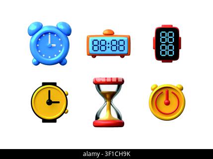 3d clock icon. Time watch, hourglass or sand timer as stopwatch, hour countdown. Cute digital reminder. Schedule, deadline and countdown symbol, colorful time sign. Vector cartoon render isolated set Stock Vector