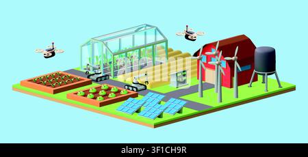 Isometric farm. Smart technology for greenhouse as science drone, green city robot or ai nature automation, sustainable agricultural production. Solar panels, wind turbines, irrigation vector concept Stock Vector