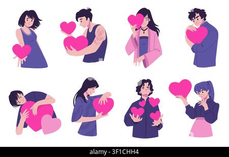 Love couple. Happy people with heart, woman character in romantic fall. Cute jump or flying men friendship gesture action. Emotional communication symbol. Vector cartoon flat style isolated concept Stock Vector