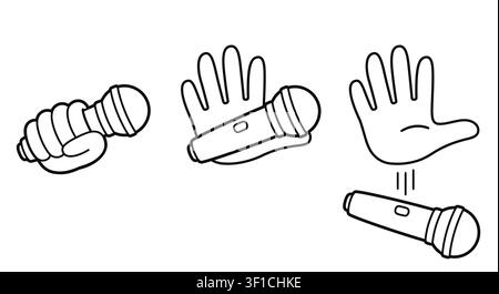 Mic drop cartoon drawing, black and white line art. Hand holding and dropping microphone. Simple vector clipart illustration. Stock Vector