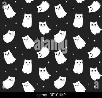 Seamless pattern of cute cat ghosts on black background. Simple kawaii doodle drawing, vector clip art illustration. Stock Vector