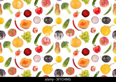 Isolated fruits and vegetables on white background. Seamless pattern. Stock Photo